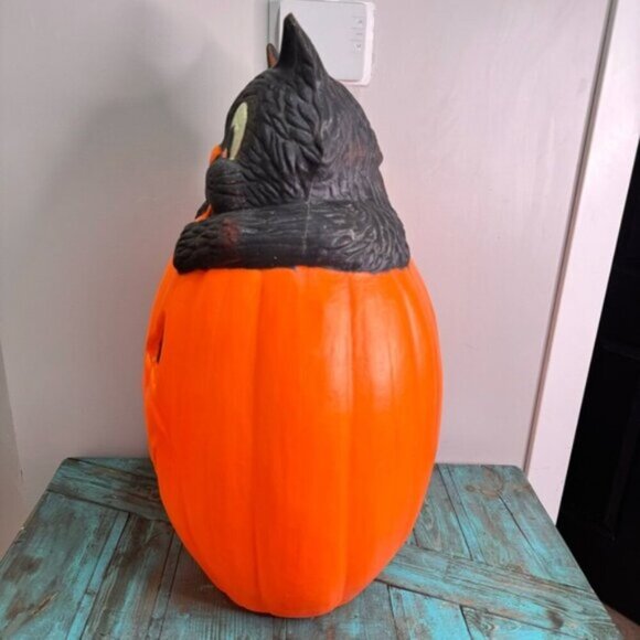 Vintage 90s Halloween Blow Mold Pumpkin Black Cat Jack-O-Lantern - Picture 10 of 15